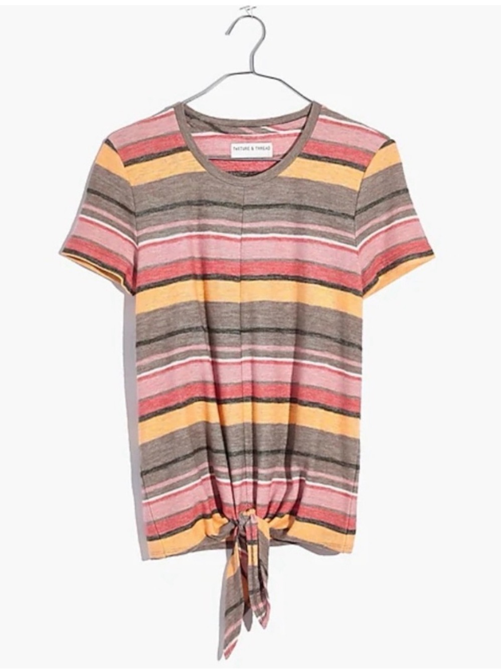 Madewell Striped Tie-Hem Short Sleeve Top - Pink, Mustard & Brown
